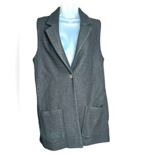 Tahari Tunic Vest Women M Wool Blend One Button Off  Black Pocket Nubby Sweater